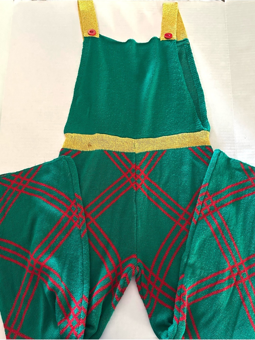Eyeshadow Green Knit Plaid Jumpsuit with Metallic Yellow Straps